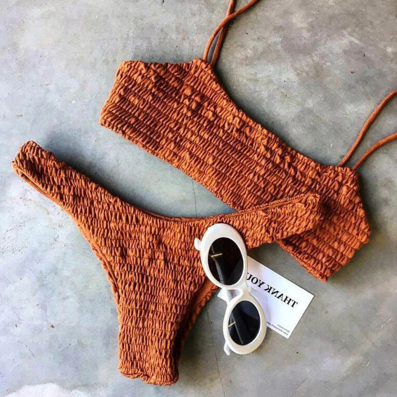 Yellow Ruffles Crochet Sexy Bikini Set Women Push-up Padded Bra Biquini Swimsuit Triangle Swimwear Bathing Suit Mujer