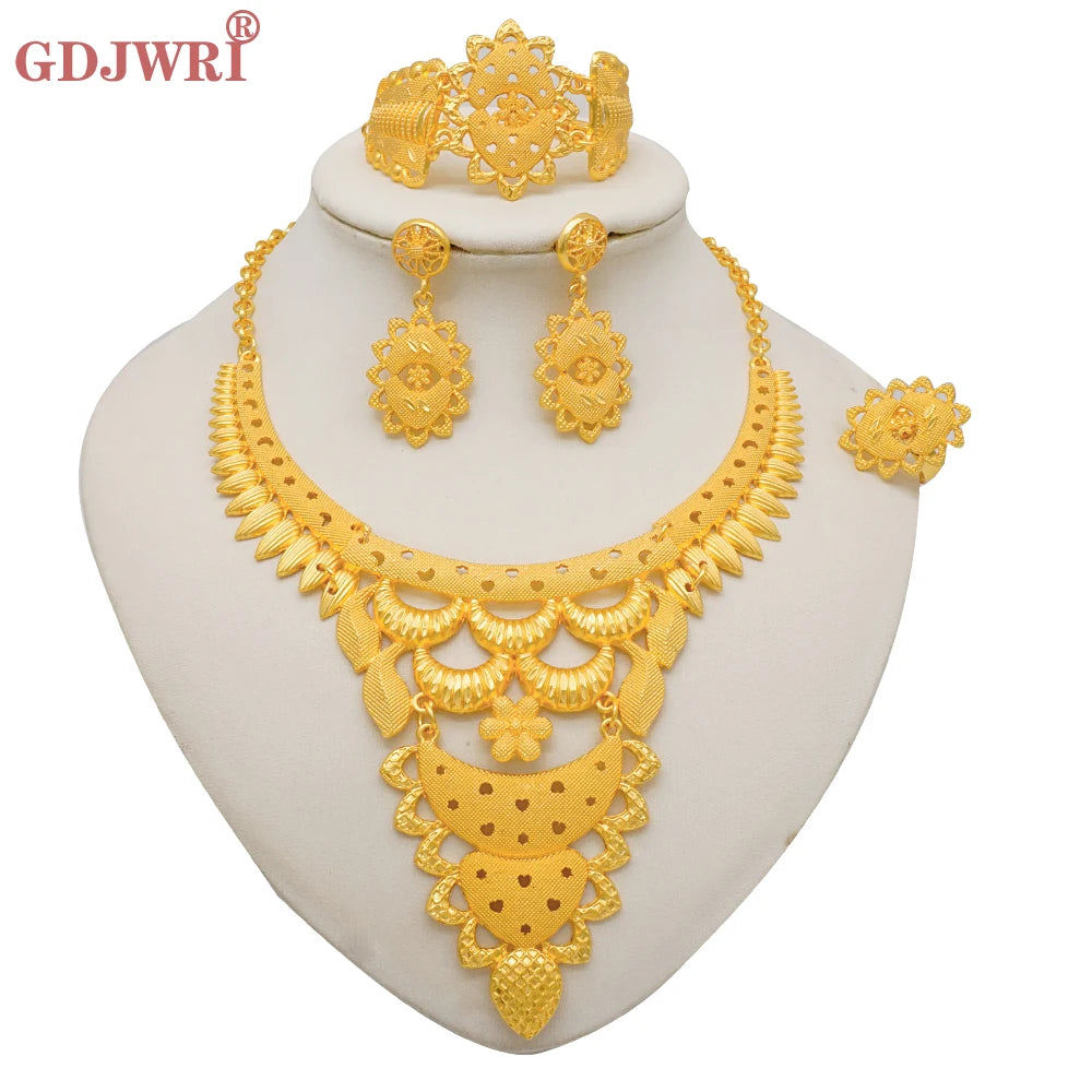 Golden Grace Set Necklace Bracelet Earrings Rings For Women Fashion Bridal Jewellery Sets