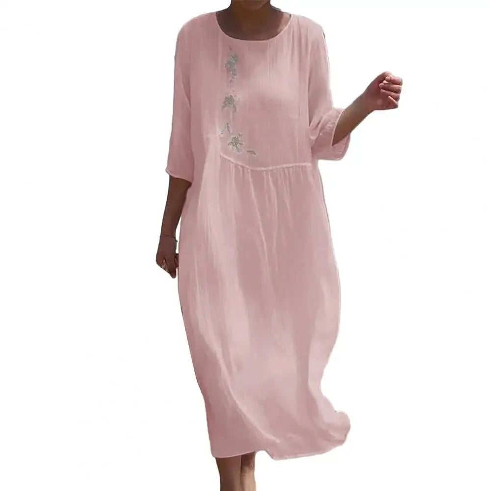 Vintage Women Dress Floral Embroidery Beach Dress Ladies Short Sleeve O-neck Cotton And Linen Boho Dresses Summer