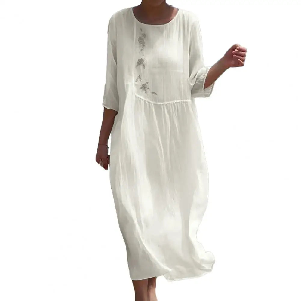 Vintage Women Dress Floral Embroidery Beach Dress Ladies Short Sleeve O-neck Cotton And Linen Boho Dresses Summer