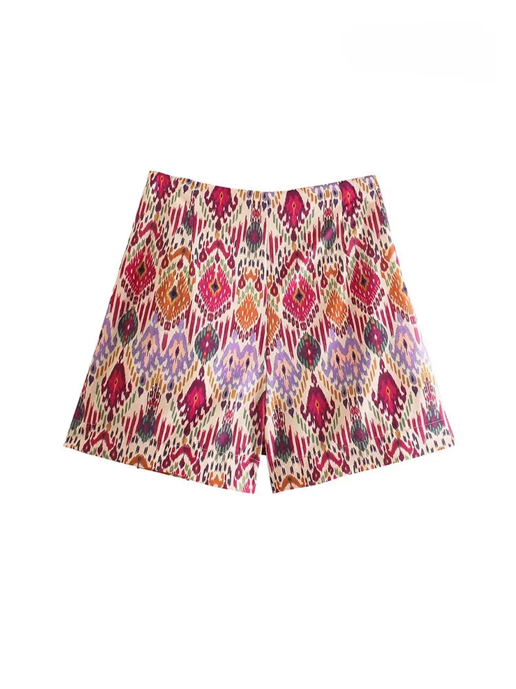 Knotted Totem Print Shorts Skirts Vintage High Waist Side Zipper