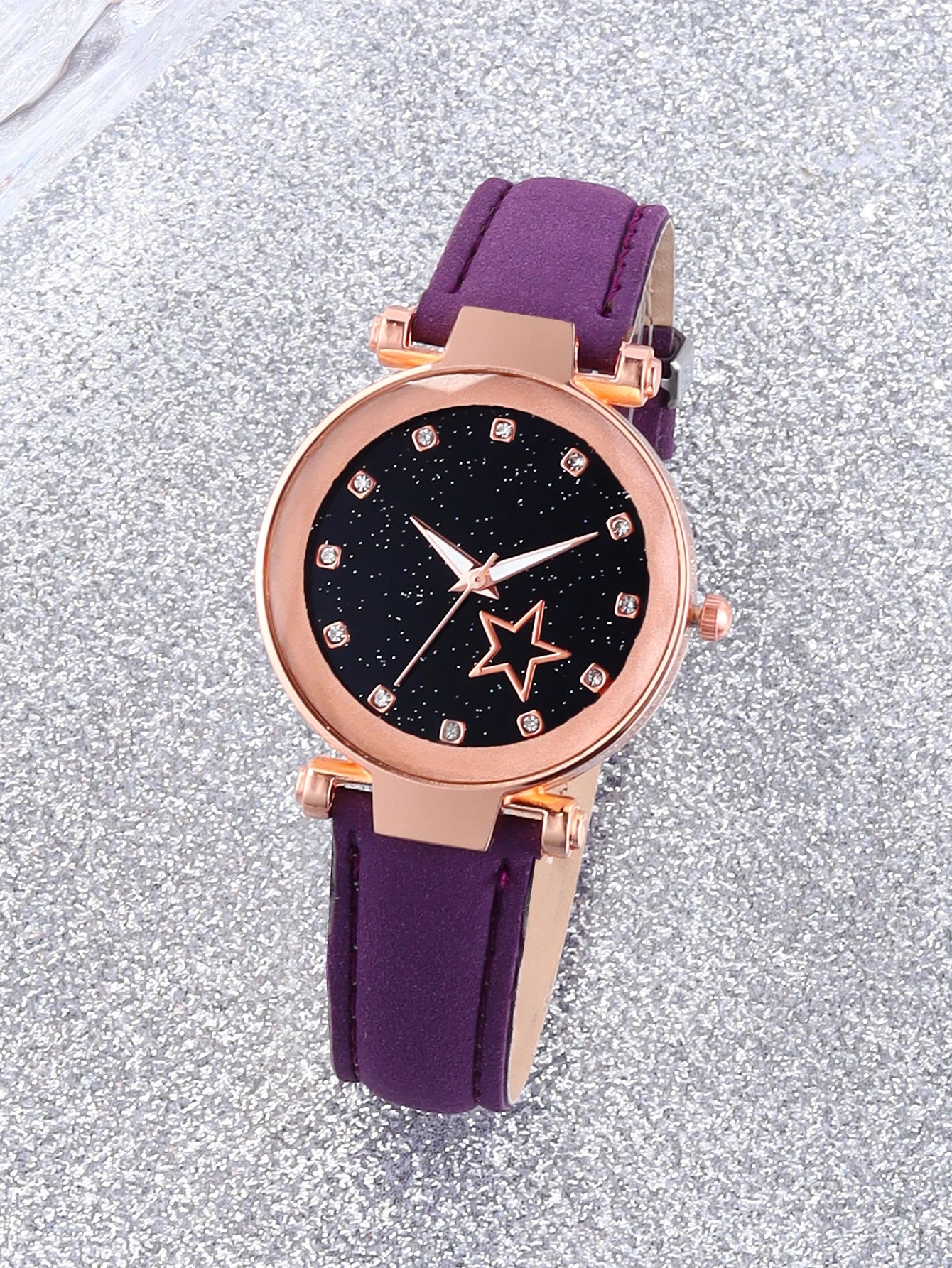 Purple fashion five-pointed star alloy leather women's quartz watch and purple hollow necklace set birthday gift wear pieces