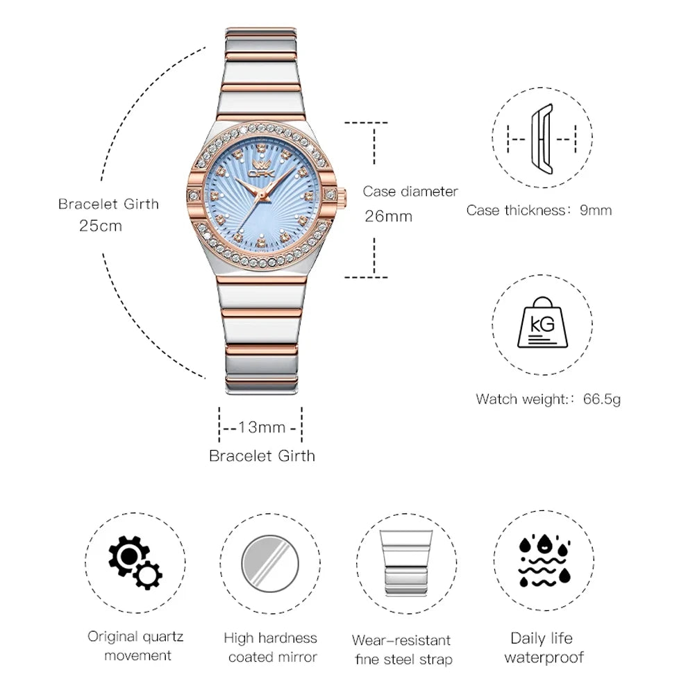 Women's Quartz Watches Elegant Fashion Stainless Steel Strap Waterproof Luminous Diamond Dial Ladies Dress Wristwatches