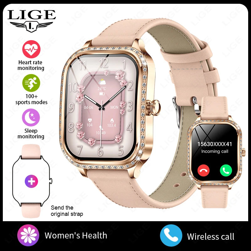 LIGE Fashion Women Smart Watch 1.75inch Curved Screen Sport Bracelet BT HD Calling Clock IP68 Waterproof Diamond Case Smartwatch