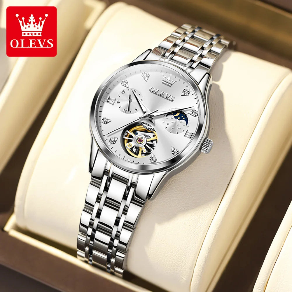 OLEVS 6608 Automatic Mechanical Watch For Women Deep Waterproof Luminous Moon Phase Hand Clock Original Luxury Women's Watches