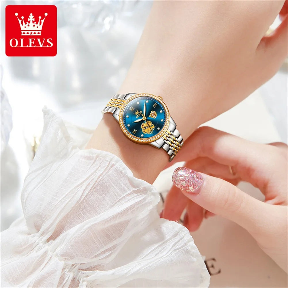 OLEVS 6706 New Hollow Automatic Watch For Women Flower Diamond Dial Mechanical Wrist Watches Waterproof Luxury Ladies Hand Clock