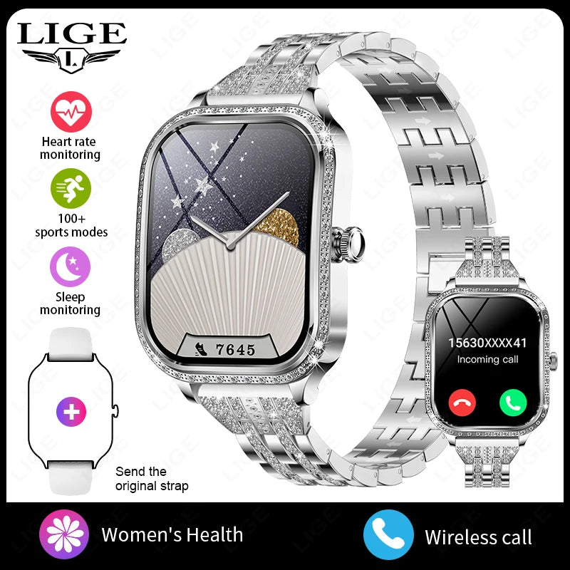 LIGE Fashion Women Smart Watch 1.75inch Curved Screen Sport Bracelet BT HD Calling Clock IP68 Waterproof Diamond Case Smartwatch