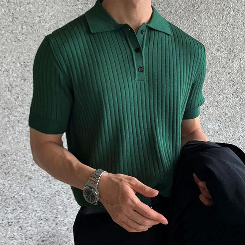 Summer Men's Clothing Retro Knit Lapel Striped Polo Shirt Solid Color Short Sleeve Fashion Light Luxury Popular Knitwear M-3XL