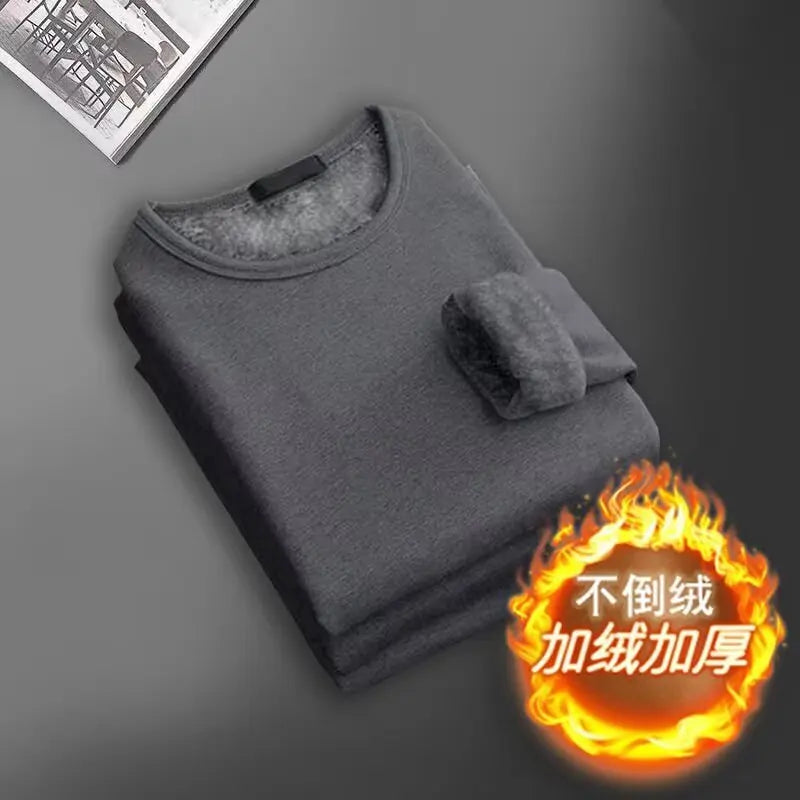 Men's Long Sleeve Thermal Underwear Round Neck Fleece Lined Slim Fit Base Shirt Pure Color Inner Wear Top Autumn Clothes