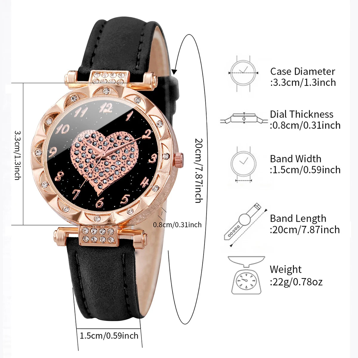 3PCS Women Watches Fashion Rhinestone Heart Dial Quartz Watch Female Leather Band Wristwatches Set（Without Box）