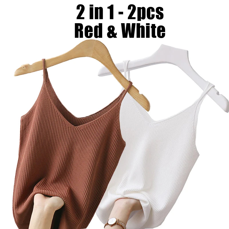 Winter Tops 2025 New Solid V-Neck Skinny Elastic Knitted Suspender Camis Women's Tanks Clothing Basics Shirt