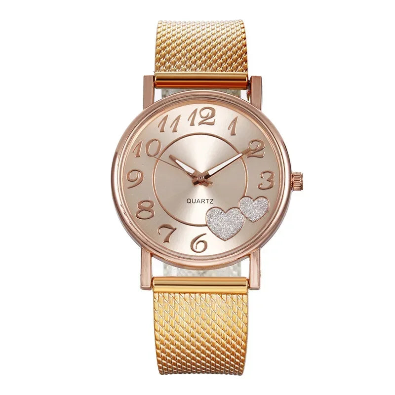 Elegant Rose Gold Heart Dial Watch Female Simple Temperament Student Waterproof Female High-level Female Luxury Watches Women