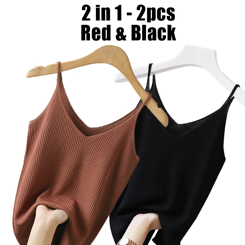 Winter Tops 2025 New Solid V-Neck Skinny Elastic Knitted Suspender Camis Women's Tanks Clothing Basics Shirt