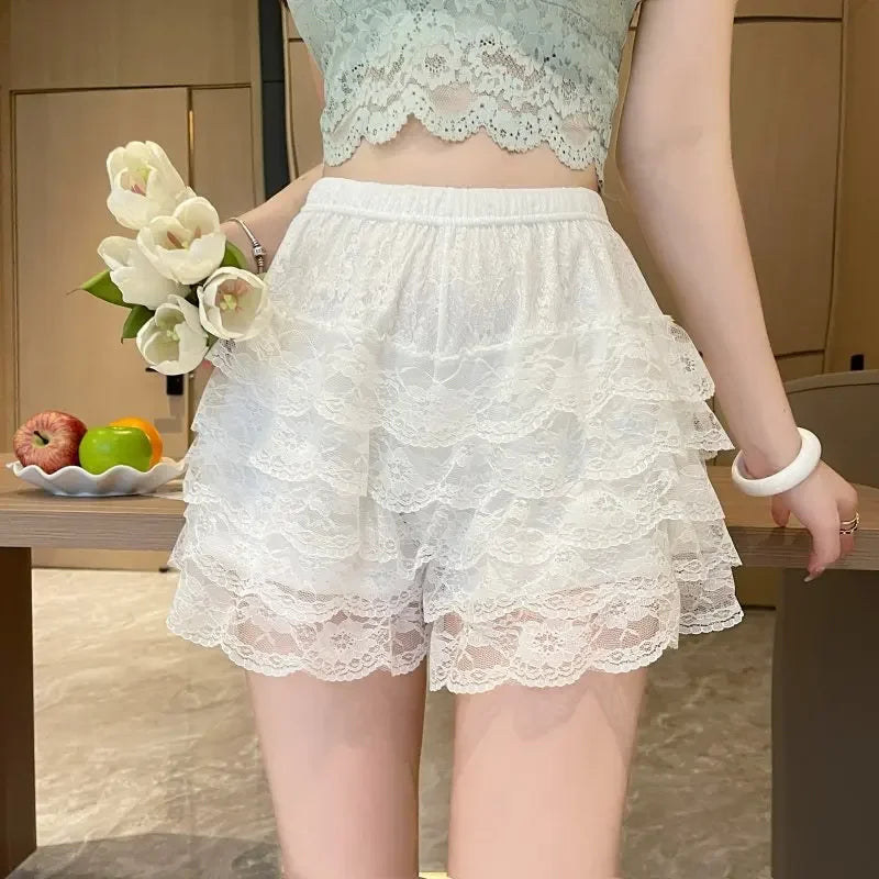 Women's Summer Thin Anti-exposure Cake Skirtlace Safety Pants Loose-fit Outer Wear Shorts Lace Embellishment Fitness Leggings