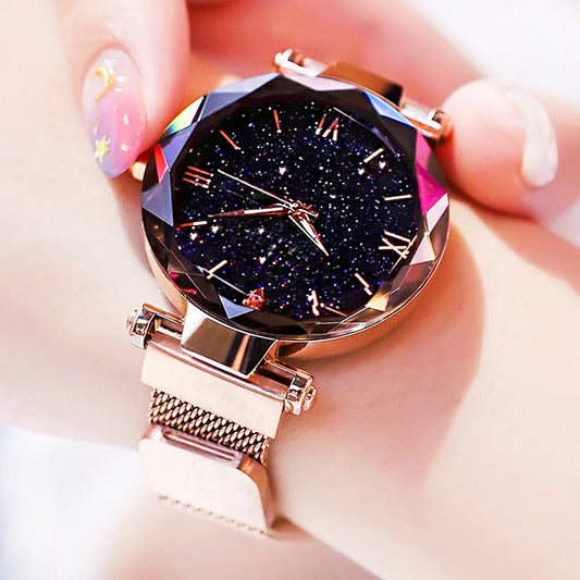 Womens Fashion Starry Sky Watches Magnet Buckle Mesh Belt Diamond Quartz Watch Women Dress Clock