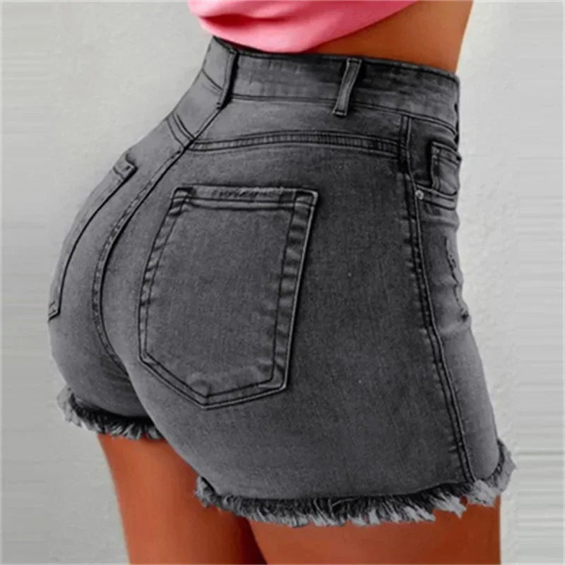 Women Tight Hip Lift Stretch Denim Shorts Fashion Tassel Three Quarter