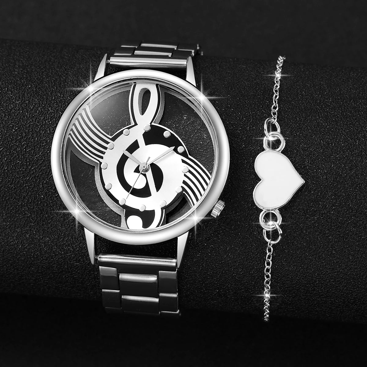 2 Teile/satz Mode frauen Uhr Aushöhlen Musical Note Zifferblatt Stahl Band Quarz Uhren Herz Armband Set