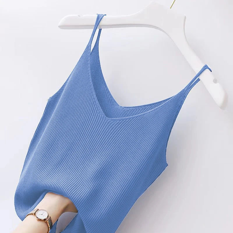 Winter Tops 2025 New Solid V-Neck Skinny Elastic Knitted Suspender Camis Women's Tanks Clothing Basics Shirt