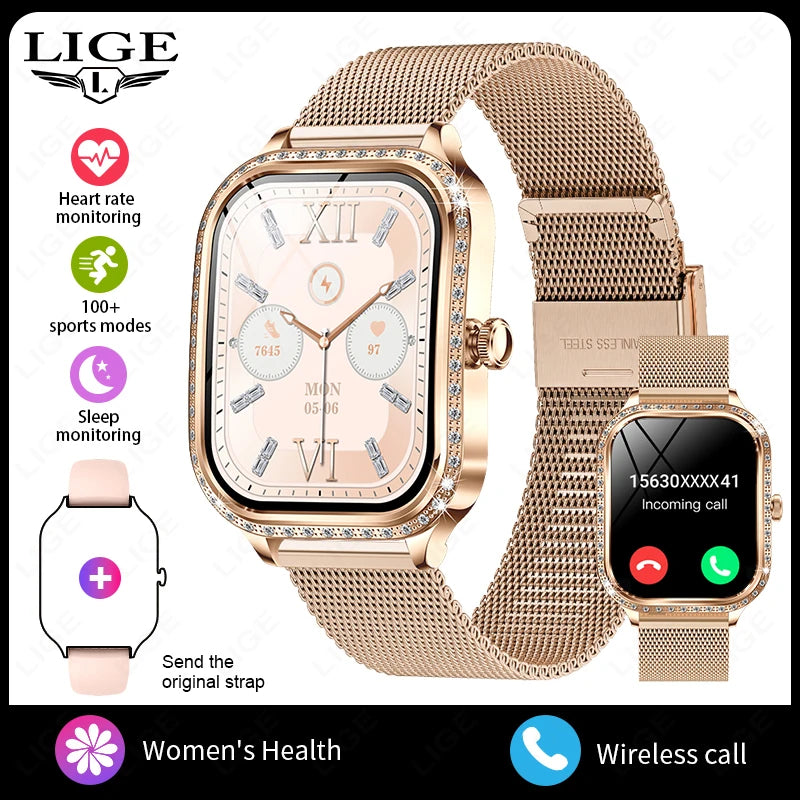 LIGE Fashion Women Smart Watch 1.75inch Curved Screen Sport Bracelet BT HD Calling Clock IP68 Waterproof Diamond Case Smartwatch