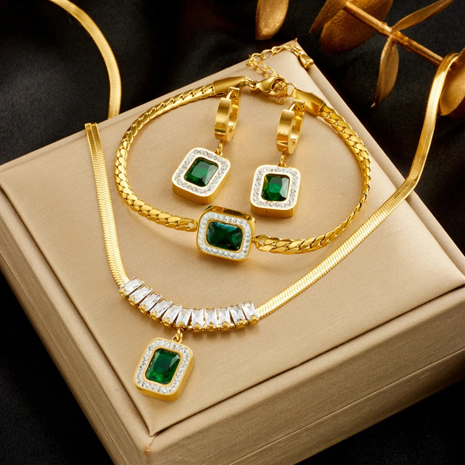 Stainless Steel Luxury Non-fading Square Green Crystal Zircon Pendant Necklace Earrings Jewelry Set For Women