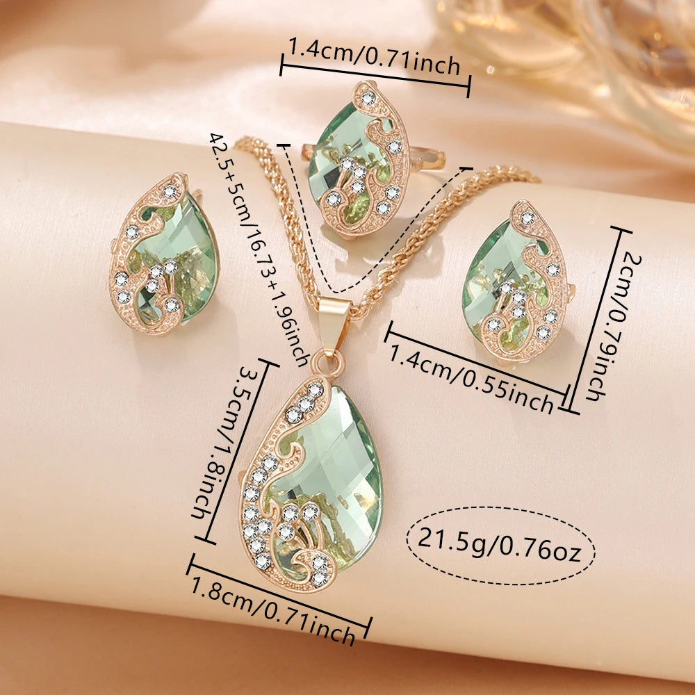 5PCS New Green Jewelry Women's Ring Necklace Earring Bracelet Set Simple Casual Style Arabic Digital Dial Quartz Watch Set