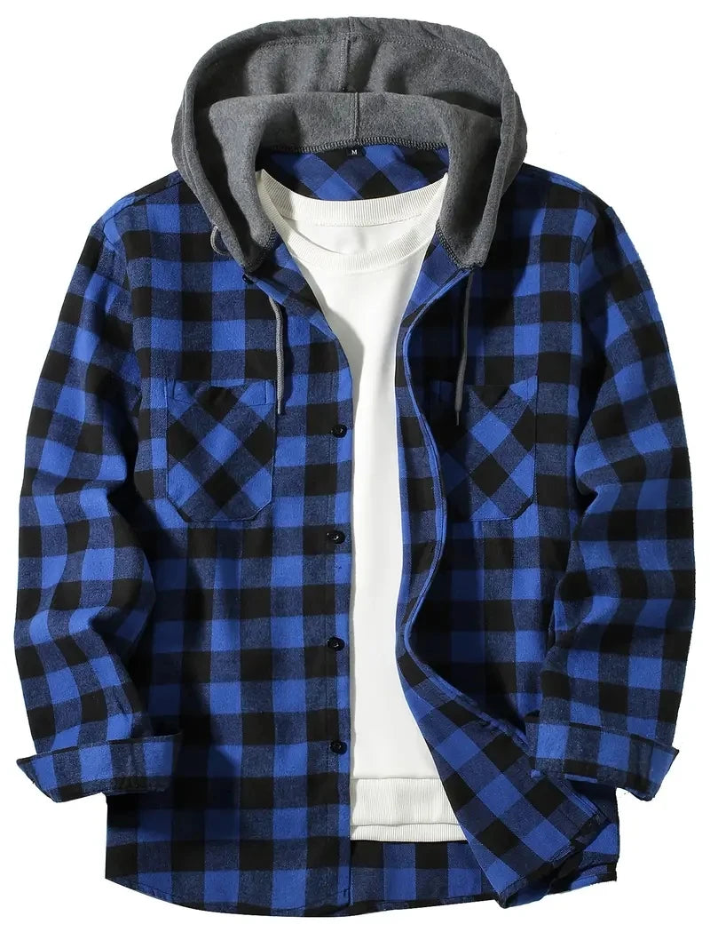 Youth Fashion Street Hooded Plaid Shirt Men's Slim Fit Long Sleeved Shirt Couple Travel Casual Shirt Men's Sports Shirt Jacket