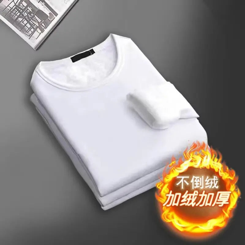 Men's Long Sleeve Thermal Underwear Round Neck Fleece Lined Slim Fit Base Shirt Pure Color Inner Wear Top Autumn Clothes