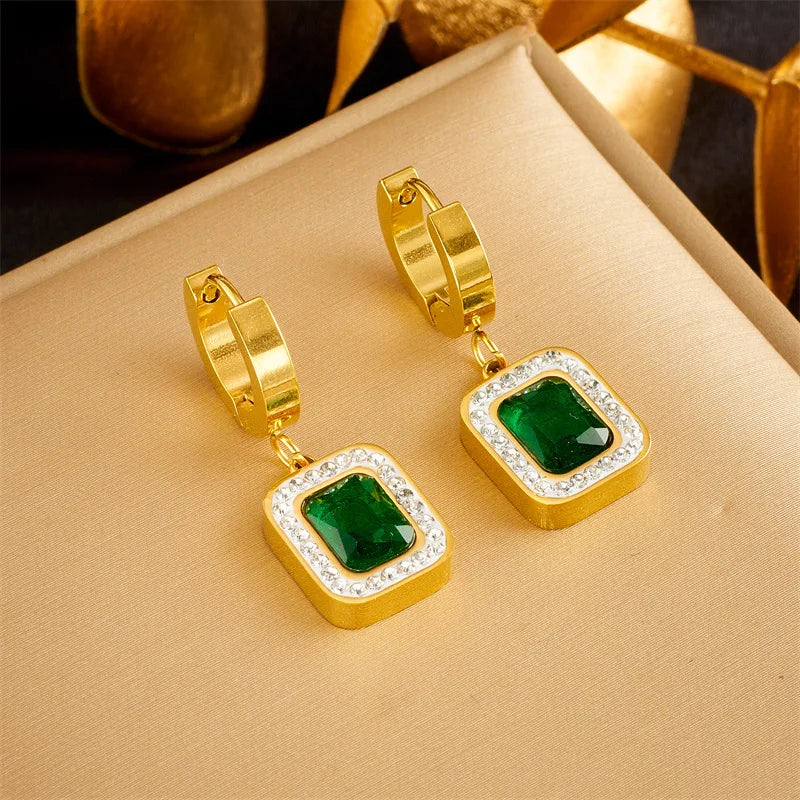 Stainless Steel Luxury Non-fading Square Green Crystal Zircon Pendant Necklace Earrings Jewelry Set For Women