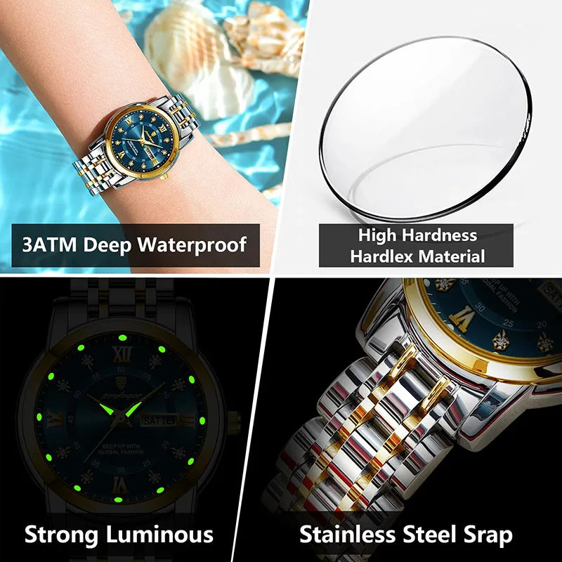 Gold Female Watches Luxury Rhinestone Stainless Steel Bracelet Women Quartz Wrist Watches Luminous Waterproof Date Clock Relojes