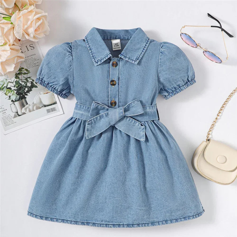 Summer Baby Girl Fashion Dress Bubble Sleeve Lapel Jeans