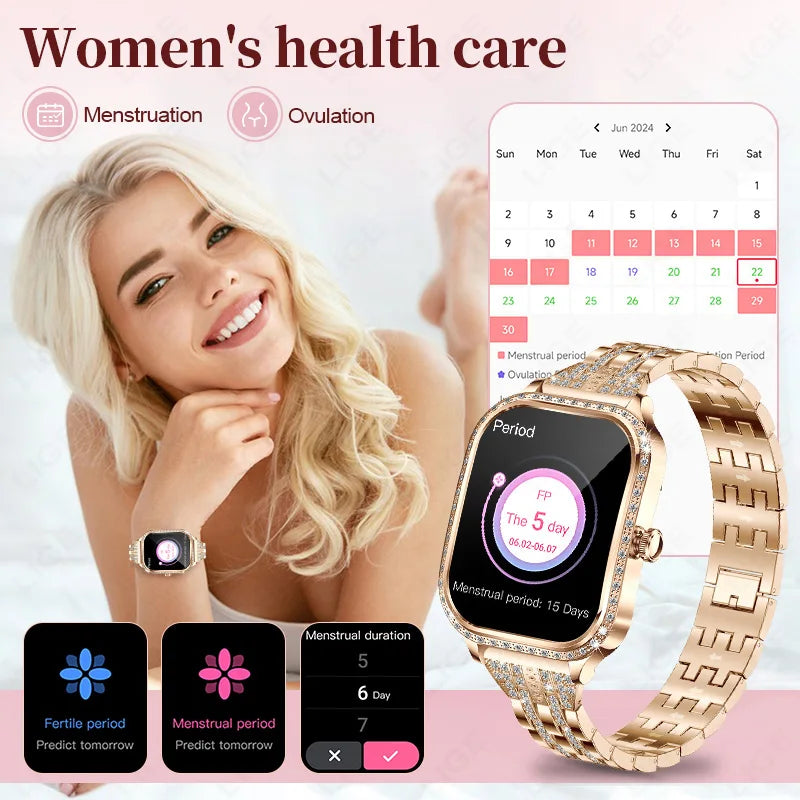 LIGE Fashion Women Smart Watch 1.75inch Curved Screen Sport Bracelet BT HD Calling Clock IP68 Waterproof Diamond Case Smartwatch