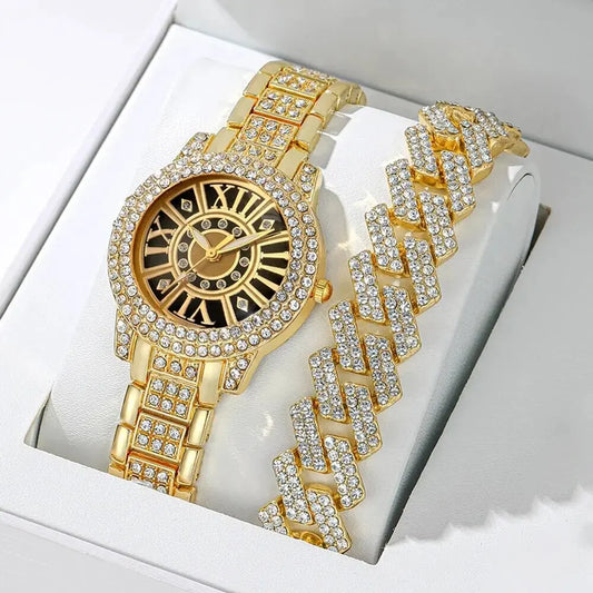 2pcs Women's Watch Gorgeous Style Diamond studded  Steel Strip Quartz Watch and Diamond studded Cuban Chain Bracelet