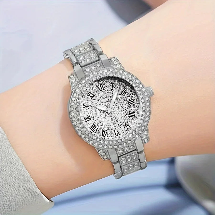 6pcs/set Women's Watch Luxury Rhinestone Quartz Watch Shiny Fashion Analog Wrist Watch & Jewelry Set, Gift For Mom Her