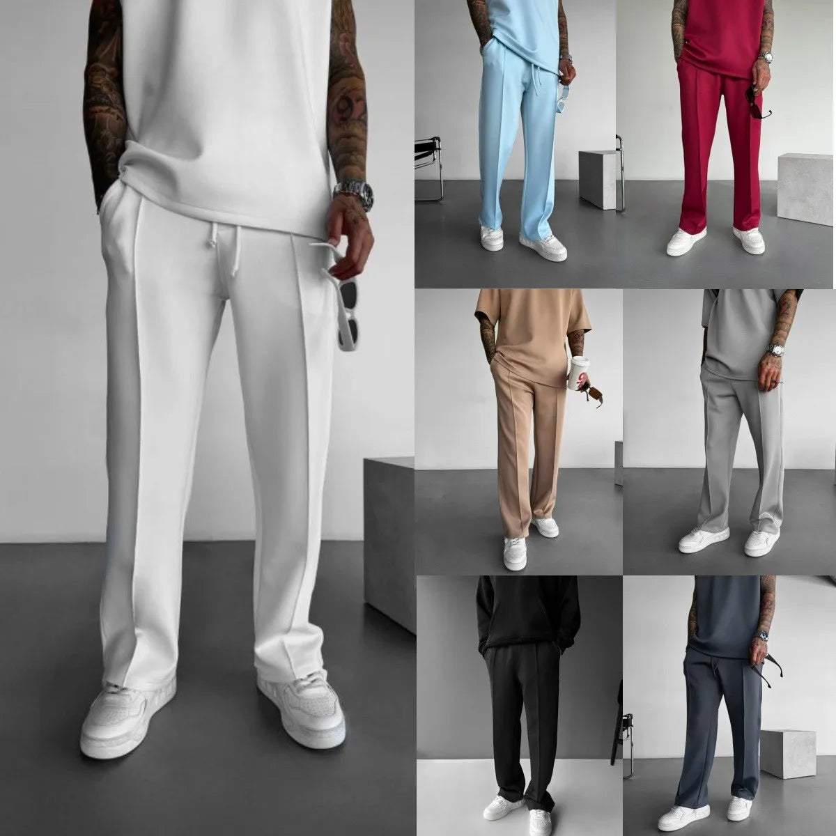 New men's casual pants, stylish and comfortable elastic waist drawstring single-line pleated solid color pocket mops pants