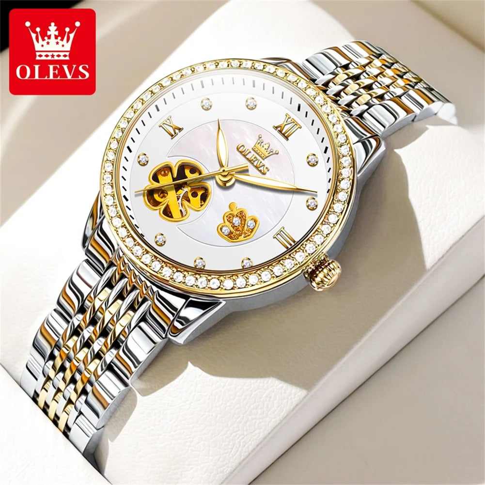 OLEVS 6706 New Hollow Automatic Watch For Women Flower Diamond Dial Mechanical Wrist Watches Waterproof Luxury Ladies Hand Clock