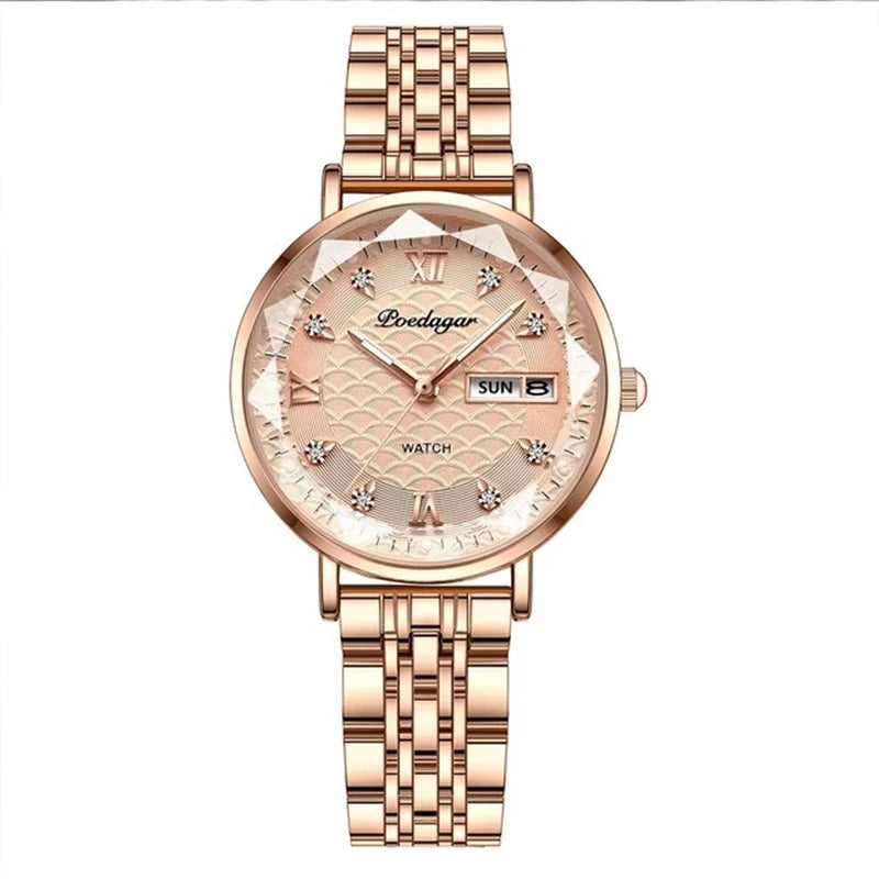 POEDAGAR Watch Women New Fashion Luxury Stainless Steel Wristwatch Bracelet Simple Rose Gold Waterproof Luminous Ladies Watches