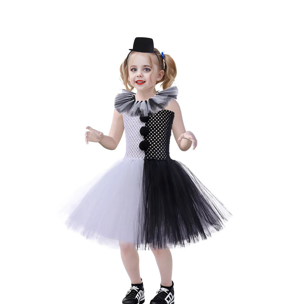 Halloween Karneval Clown Kostüm Süßes Weiß Schwarz Tutu Kleid für Mädchen Geburtstagsparty Kleid Urlaub Geschenk Kleidung Zubehör Set