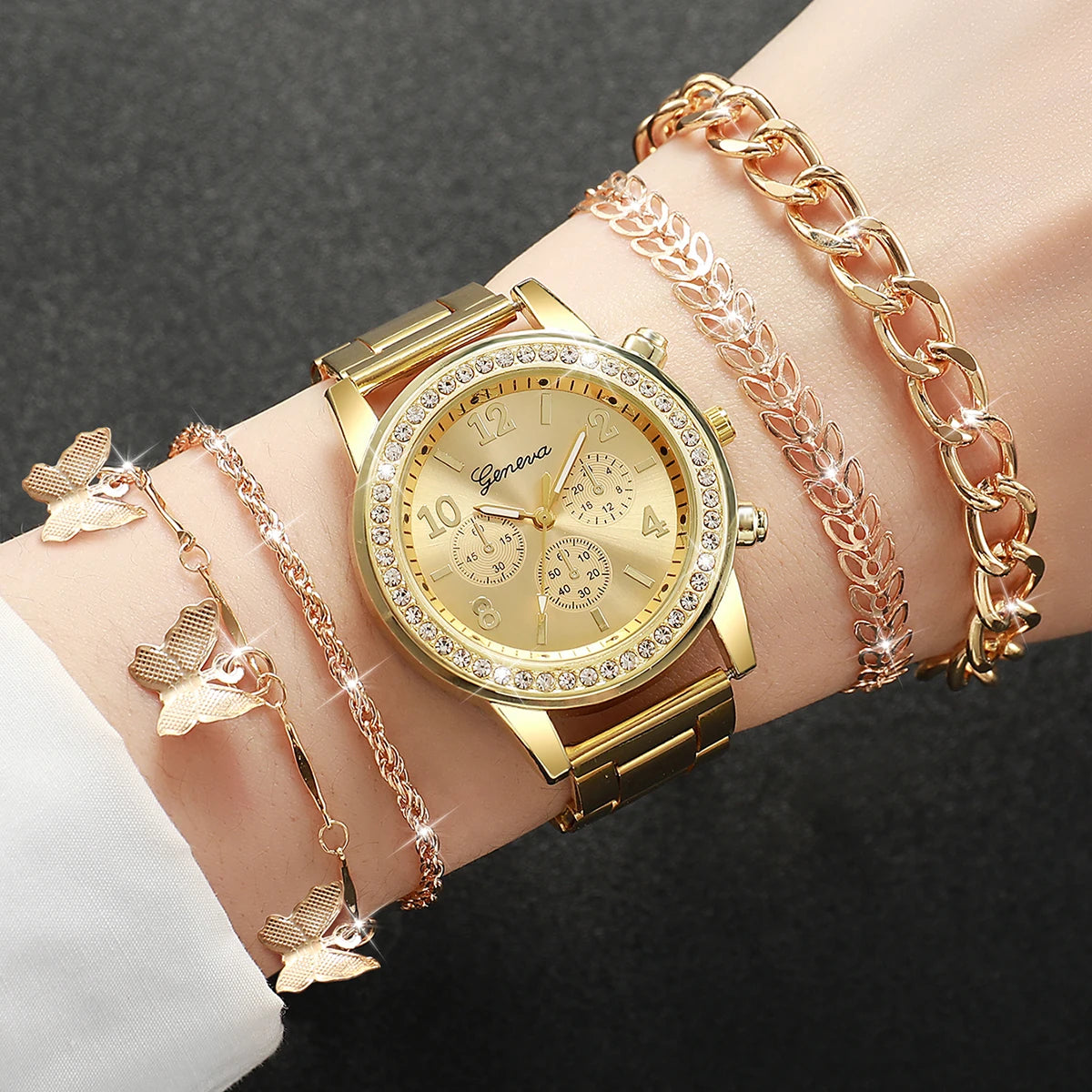 Women Golden Color Stainless Steel Quartz Watch Butterfly Jewelry Set 4pcs