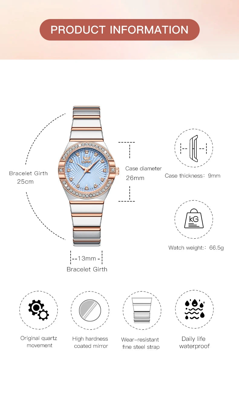 Women's Quartz Watches Elegant Fashion Stainless Steel Strap Waterproof Luminous Diamond Dial Ladies Dress Wristwatches