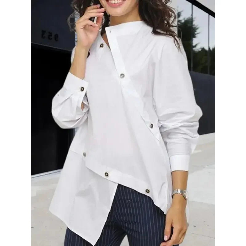 Women's Causal White Shirts Tops 2025 New Fashion Buttoned Asymmetric Split-Front Female Autumn Long Sleeves office Blouses