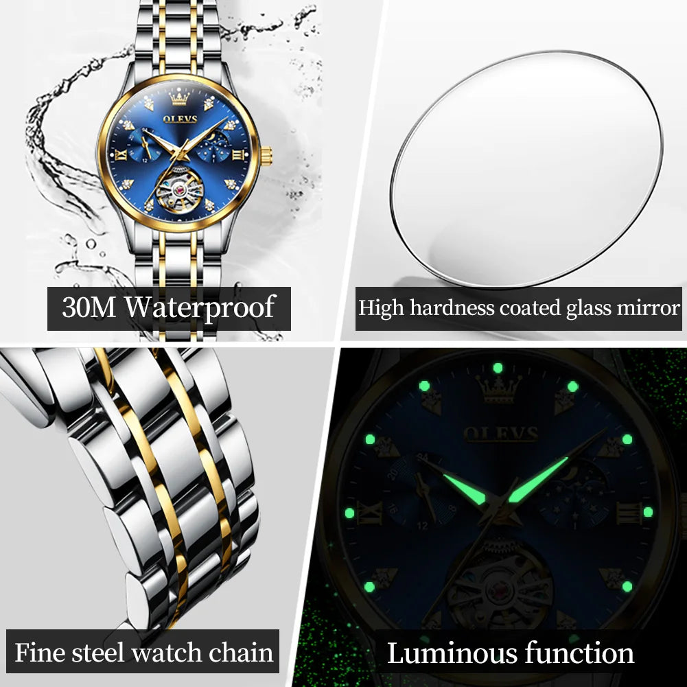 OLEVS 6608 Automatic Mechanical Watch For Women Deep Waterproof Luminous Moon Phase Hand Clock Original Luxury Women's Watches