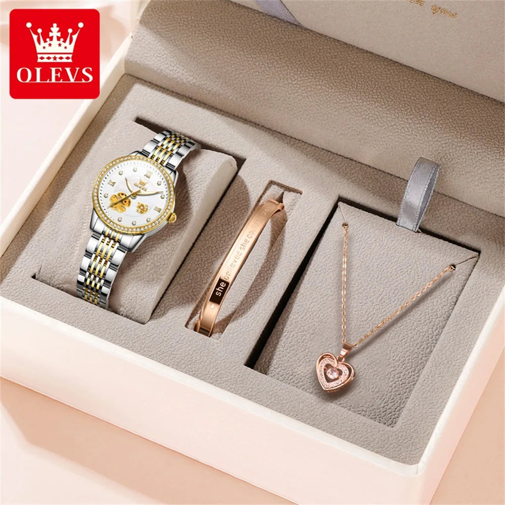 OLEVS 6706 New Hollow Automatic Watch For Women Flower Diamond Dial Mechanical Wrist Watches Waterproof Luxury Ladies Hand Clock