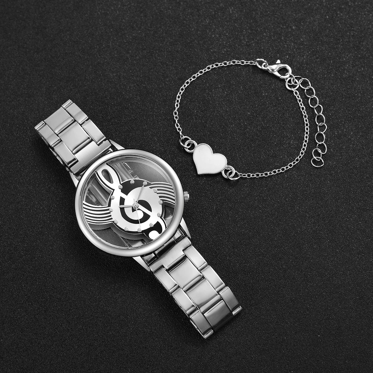 2 Teile/satz Mode frauen Uhr Aushöhlen Musical Note Zifferblatt Stahl Band Quarz Uhren Herz Armband Set