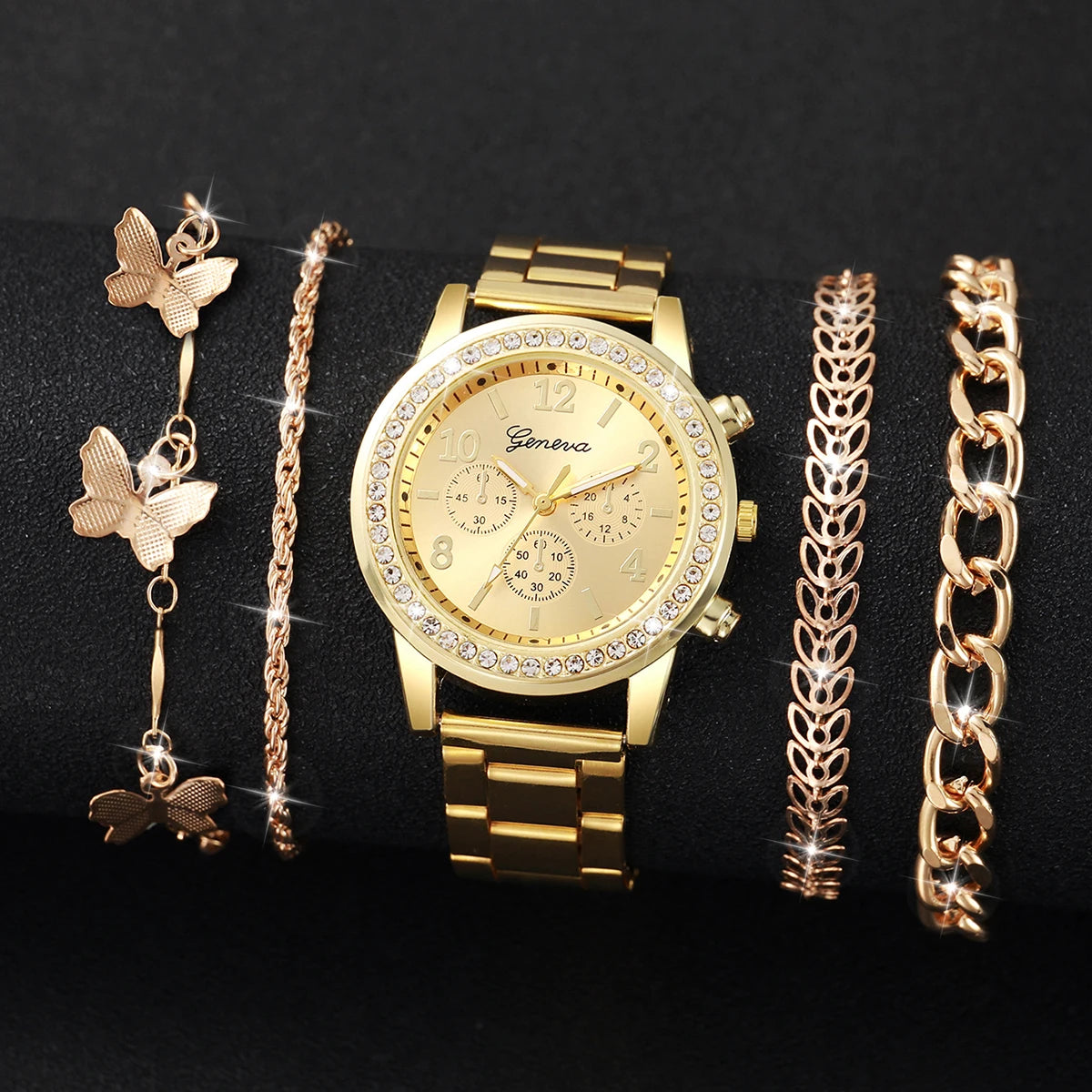 Women Golden Color Stainless Steel Quartz Watch Butterfly Jewelry Set 4pcs