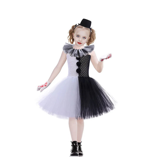 Halloween Carnival Clown Costume Cute White Black Tutu Dress for Girl Birthday Party Dress Holiday Gift Clothes Accessories Set