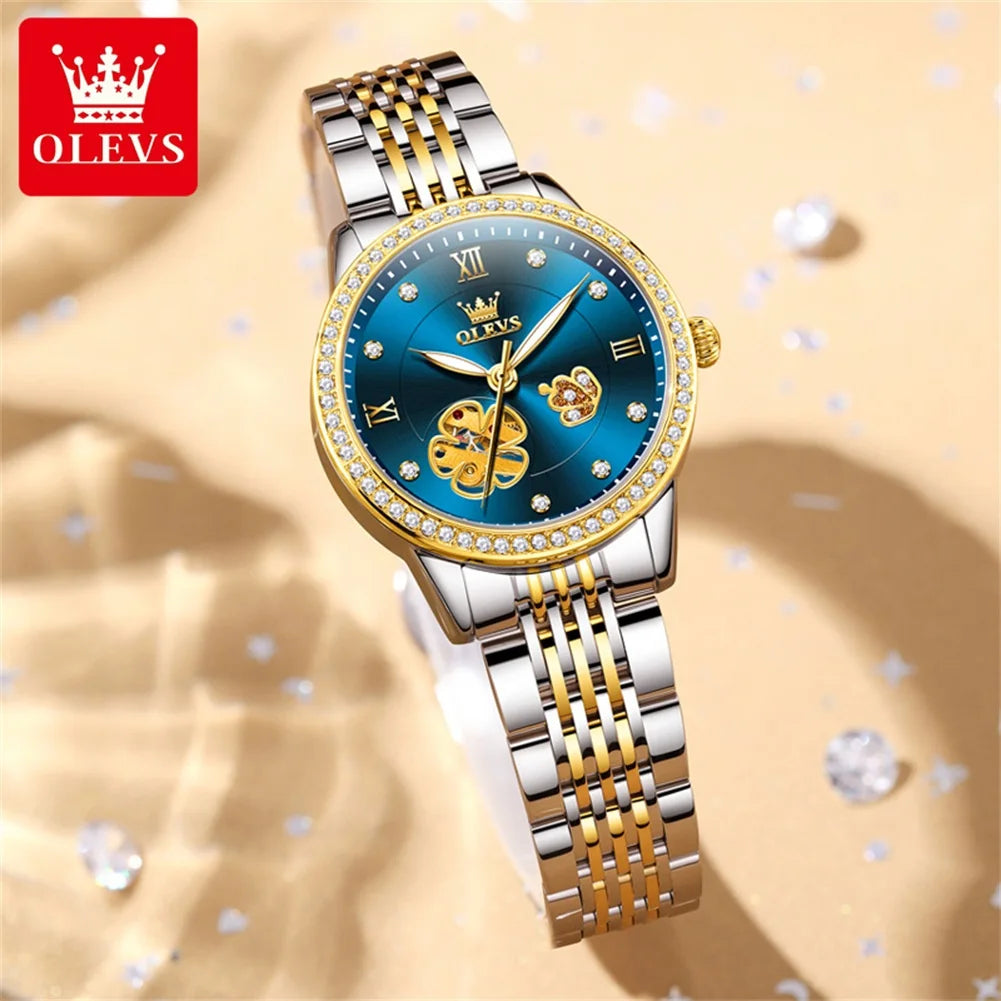 OLEVS 6706 New Hollow Automatic Watch For Women Flower Diamond Dial Mechanical Wrist Watches Waterproof Luxury Ladies Hand Clock