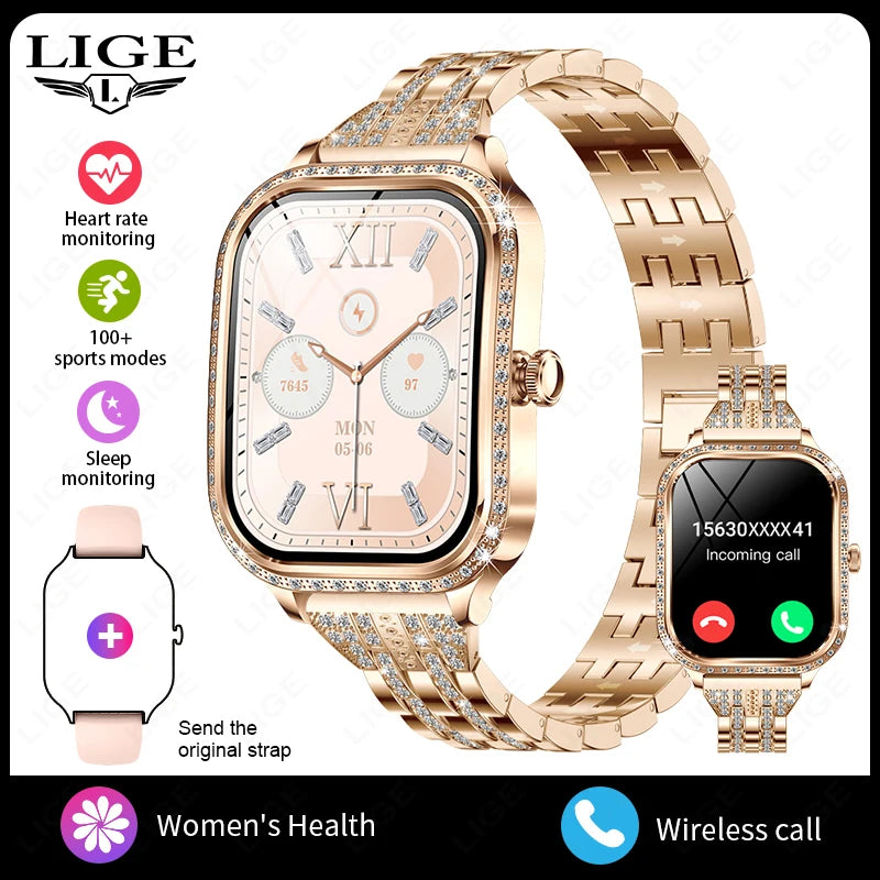 LIGE Fashion Women Smart Watch 1.75inch Curved Screen Sport Bracelet BT HD Calling Clock IP68 Waterproof Diamond Case Smartwatch