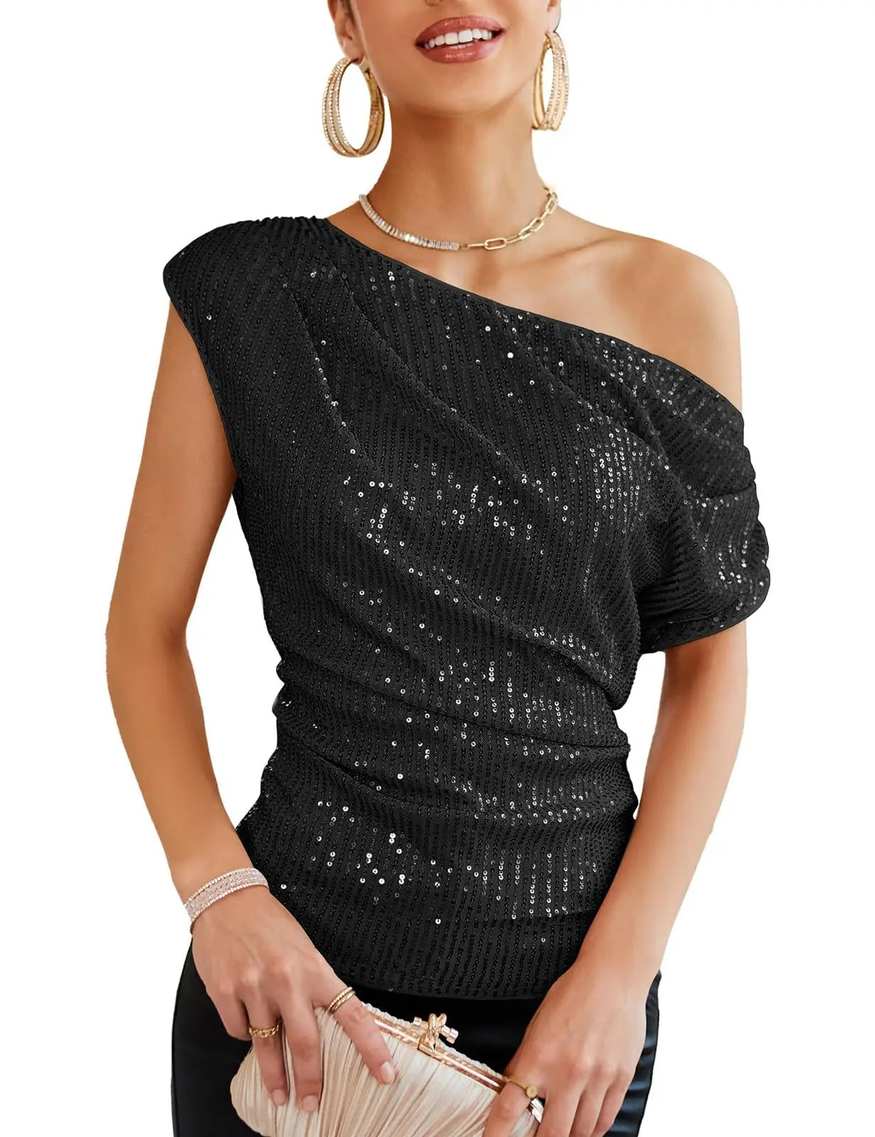 Latest Women's Spring and Summer One Shoulder Sequin Pleated Short Sleeved Women's Fashionable Multi-color Top