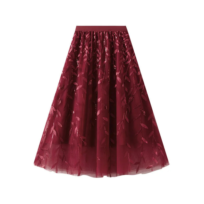 Skirts Women 2025 New Autumn Winter Korean Fashion Elegant High Waist A-Line Tulle Midi Skirts