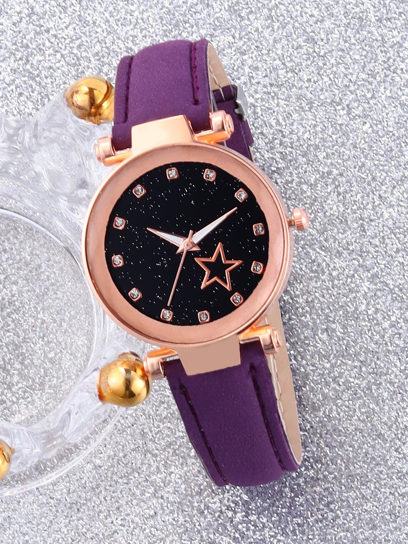 Purple fashion five-pointed star alloy leather women's quartz watch and purple hollow necklace set birthday gift wear pieces